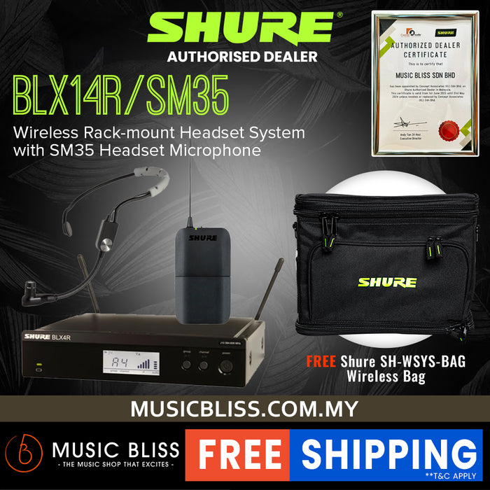 Shure BLX14R/SM35 Headworn Wireless System, BLX4R Wireless Receiver, BLX1 Bodypack Transmitter & SM35 Headset Microphone