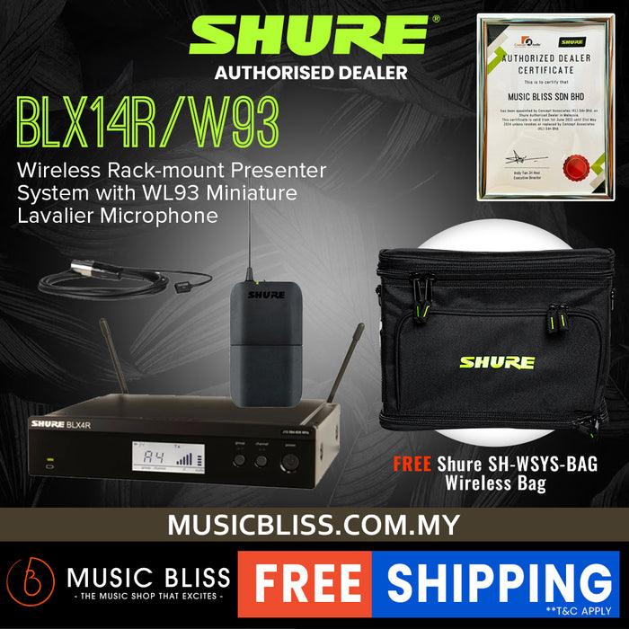 Shure BLX14R/W93 Lavalier Wireless System, BLX4R Wireless Receiver, BLX1 Bodypack Transmitter & WL93 Lavalier Microphone