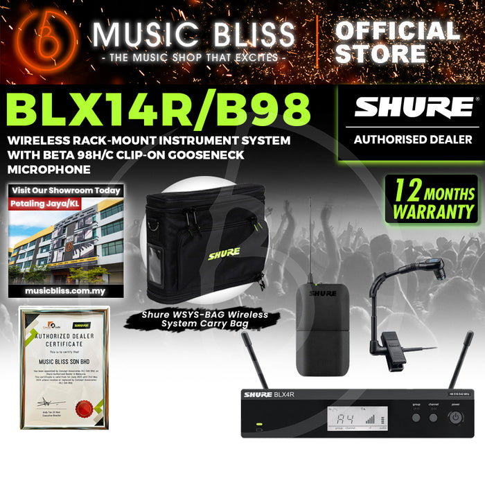 Shure BLX14R/B98 Instrument Wireless System, BLX4R Wireless Receiver, BLX1 Bodypack Transmitter & WB98H/C BETA 98 Clip-On Condenser Microphone