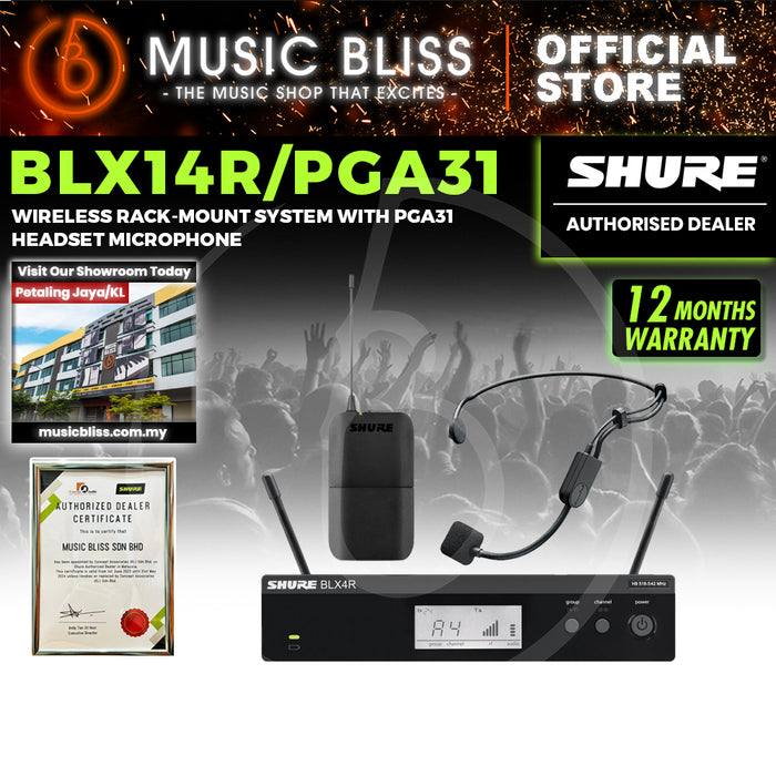 Shure BLX14R/P31 Headworn Wireless Microphone System, BLX4R Wireless Receiver, BLX1 Bodypack Transmitter & PGA31 Headset Microphone
