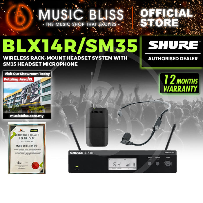Shure BLX14R/SM35 Headworn Wireless System, BLX4R Wireless Receiver, BLX1 Bodypack Transmitter & SM35 Headset Microphone