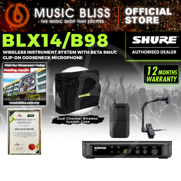 Shure BLX14/B98 Instrument Wireless System, BLX4 Receiver, BLX1 Bodypack Transmitter & Beta 98H/C Cardioid Condenser Microphone
