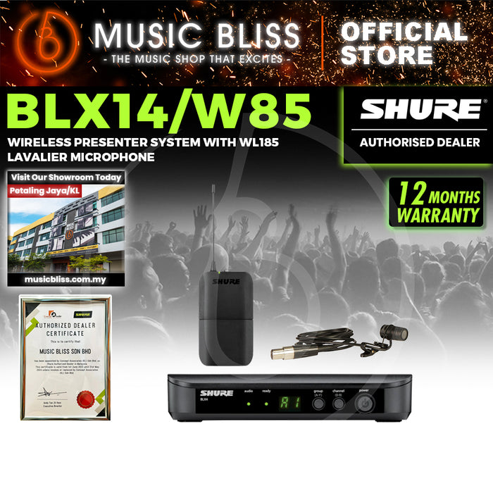 Shure BLX14/W85 Wireless Presenter System, BLX4 Receiver, BLX1 Bodypack Transmitter & WL185 Lavalier Microphone