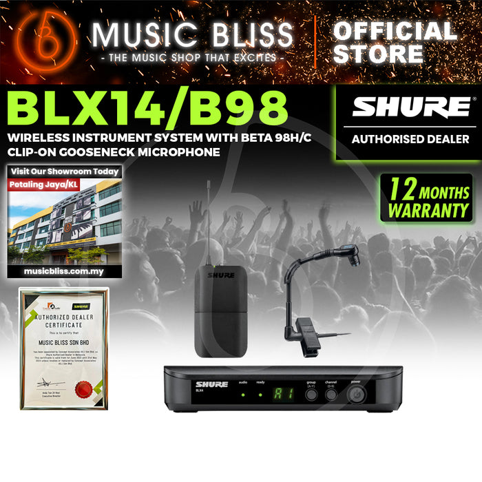 Shure BLX14/B98 Instrument Wireless System, BLX4 Receiver, BLX1 Bodypack Transmitter & Beta 98H/C Cardioid Condenser Microphone