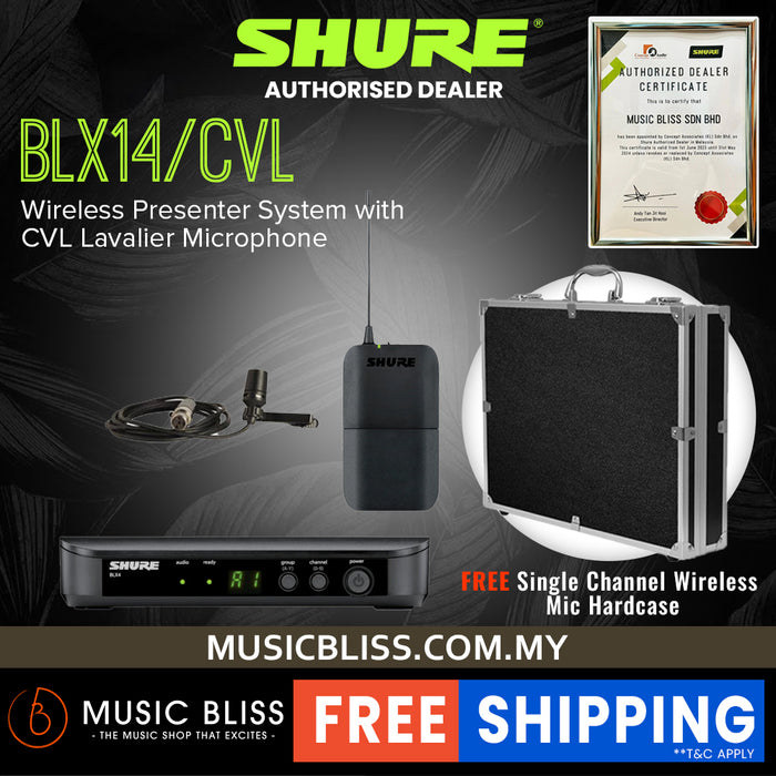 Shure BLX14/CVL Wireless Lavalier Microphone System, BLX4 Receiver, BLX1 Bodypack Transmitter & CVL Cardioid Condenser Lavalier Mic