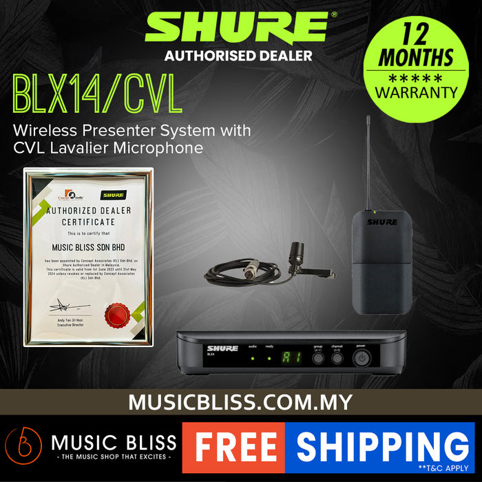 Shure BLX14/CVL Wireless Lavalier Microphone System, BLX4 Receiver, BLX1 Bodypack Transmitter & CVL Cardioid Condenser Lavalier Mic