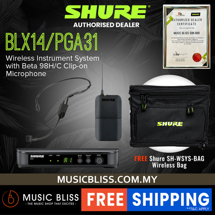 Shure BLX14/PGA31 Headworn Wireless System, BLX4 Receiver, BLX1 Bodypack Transmitter & PGA31 Cardioid Condenser Headworn Mic and Windscreen