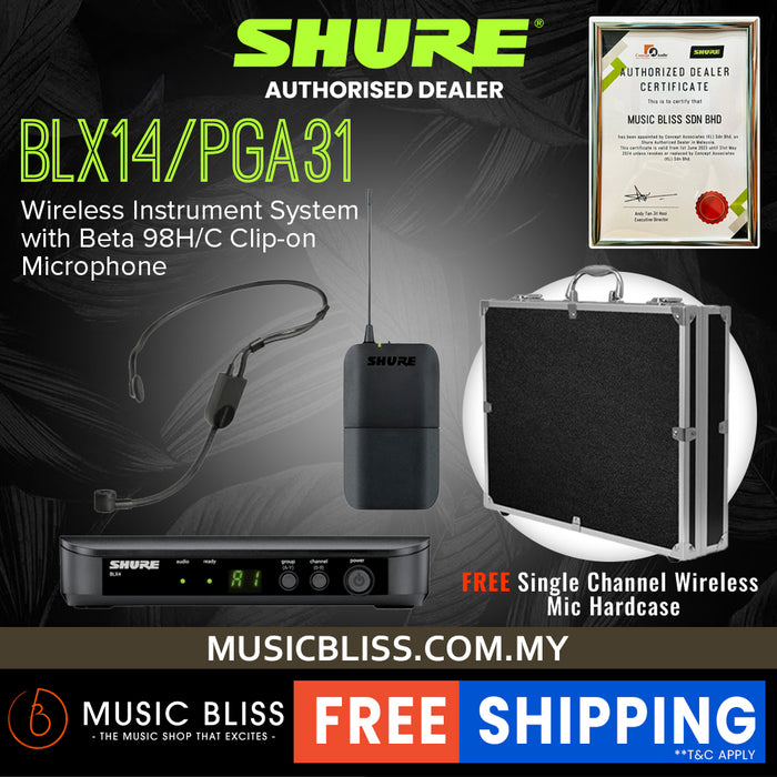 Shure BLX14/PGA31 Headworn Wireless System, BLX4 Receiver, BLX1 Bodypack Transmitter & PGA31 Cardioid Condenser Headworn Mic and Windscreen