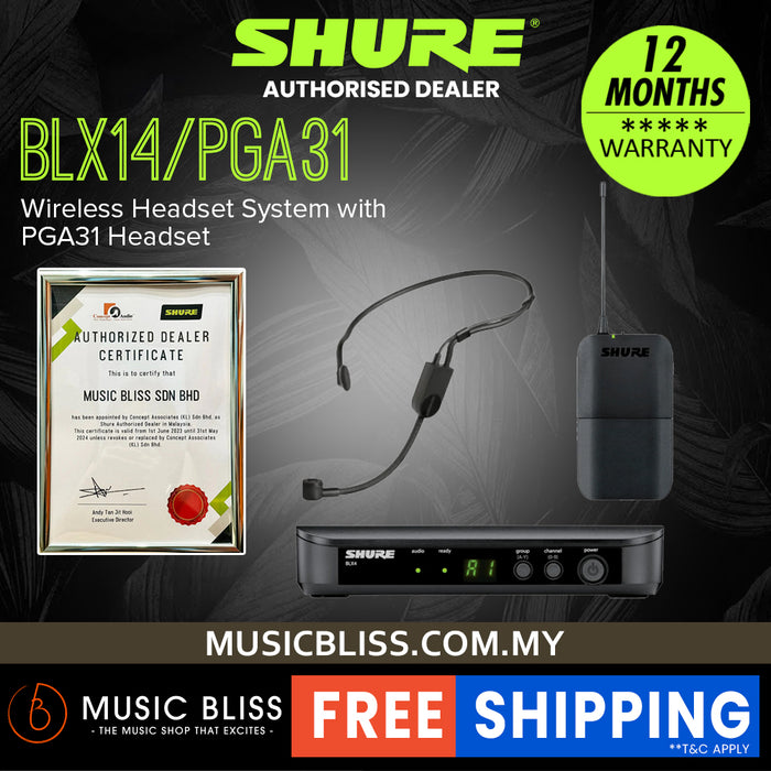 Shure BLX14/PGA31 Headworn Wireless System, BLX4 Receiver, BLX1 Bodypack Transmitter & PGA31 Cardioid Condenser Headworn Mic and Windscreen