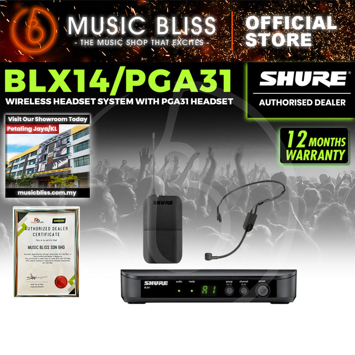 Shure BLX14/PGA31 Headworn Wireless System, BLX4 Receiver, BLX1 Bodypack Transmitter & PGA31 Cardioid Condenser Headworn Mic and Windscreen