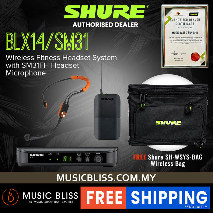 Shure BLX14/SM31 Wireless Fitness Headset System, BLX4 Receiver, BLX1 Bodypack Transmitter & SM31 Cardioid Condenser Microphone