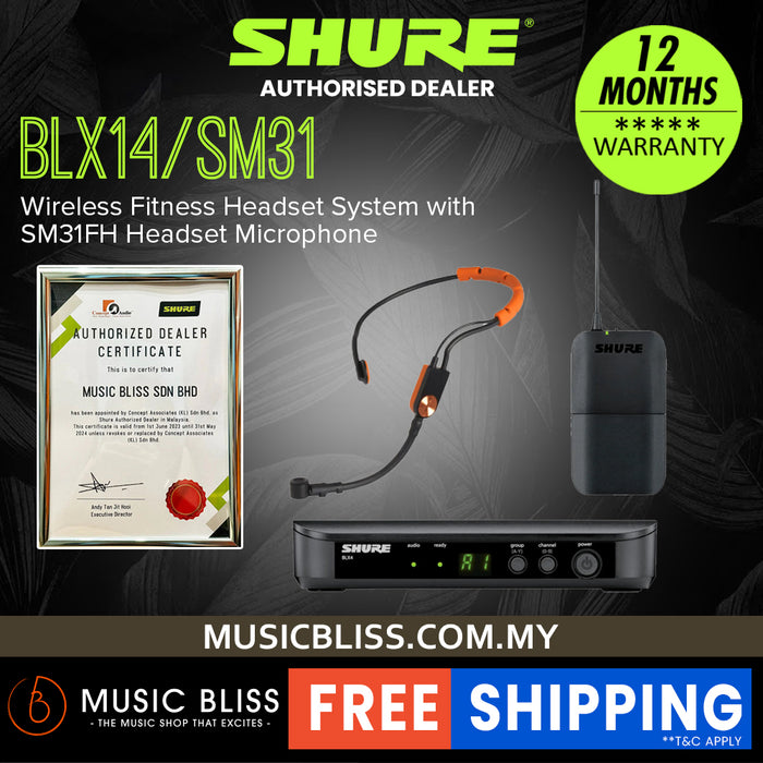 Shure BLX14/SM31 Wireless Fitness Headset System, BLX4 Receiver, BLX1 Bodypack Transmitter & SM31 Cardioid Condenser Microphone