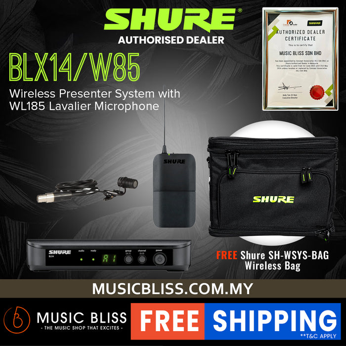 Shure BLX14/W85 Wireless Presenter System, BLX4 Receiver, BLX1 Bodypack Transmitter & WL185 Lavalier Microphone