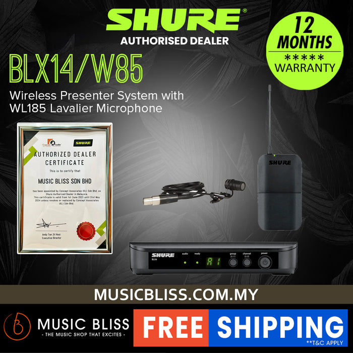 Shure BLX14/W85 Wireless Presenter System, BLX4 Receiver, BLX1 Bodypack Transmitter & WL185 Lavalier Microphone