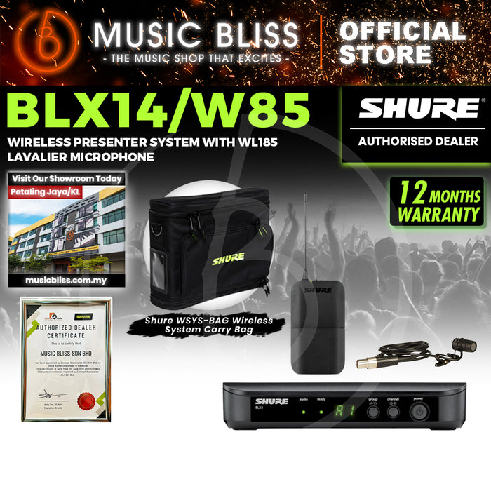 Shure BLX14/W85 Wireless Presenter System, BLX4 Receiver, BLX1 Bodypack Transmitter & WL185 Lavalier Microphone