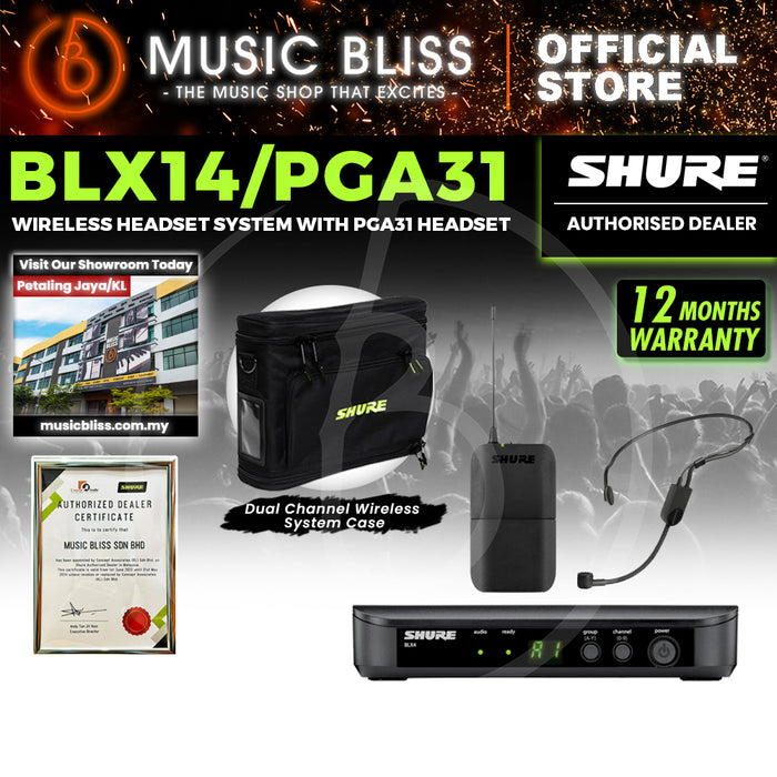 Shure BLX14/PGA31 Headworn Wireless System, BLX4 Receiver, BLX1 Bodypack Transmitter & PGA31 Cardioid Condenser Headworn Mic and Windscreen