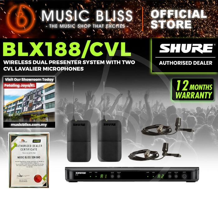 Shure BLX188/CVL Dual Channel Lavalier Wireless System, BLX88 Dual-Channel Wireless Receiver, BLX1 Bodypack Transmitter & CVL Lavalier Microphone