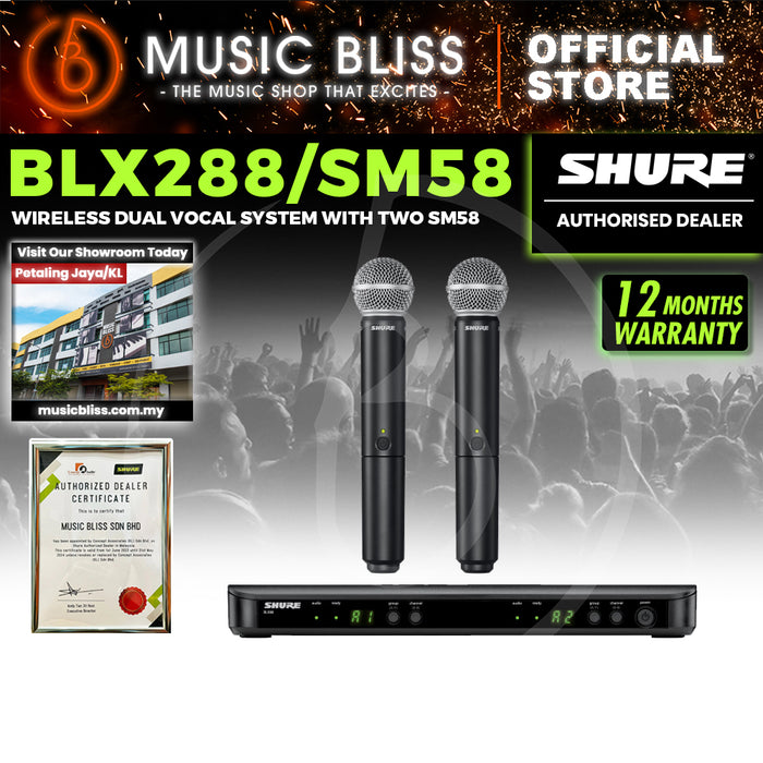 Shure BLX288/SM58 Dual Channel Handheld Wireless Microphone System, BLX88 Dual-channel Wireless Receiver & (2) BLX2/SM58 Handheld Transmitters