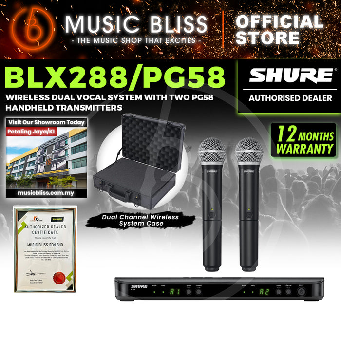 Shure BLX288/PG58 Dual Channel Wireless Handheld Microphone System, BLX88 Dual-Channel Wireless Receiver & (2) BLX2/PG58 Handheld Transmitters