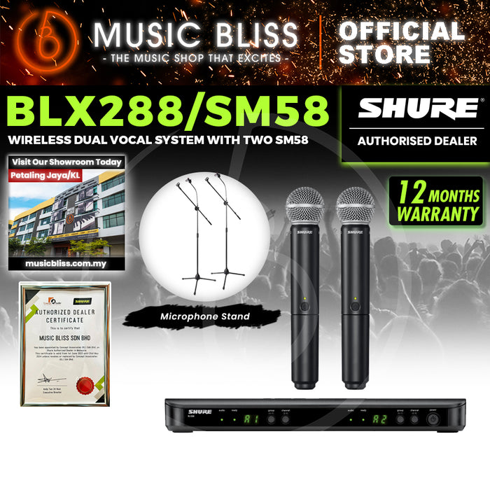 Shure BLX288/SM58 Dual Channel Handheld Wireless Microphone System, BLX88 Dual-channel Wireless Receiver & (2) BLX2/SM58 Handheld Transmitters