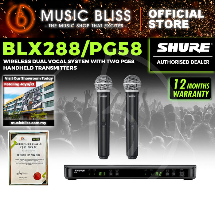 Shure BLX288/PG58 Dual Channel Wireless Handheld Microphone System, BLX88 Dual-Channel Wireless Receiver & (2) BLX2/PG58 Handheld Transmitters
