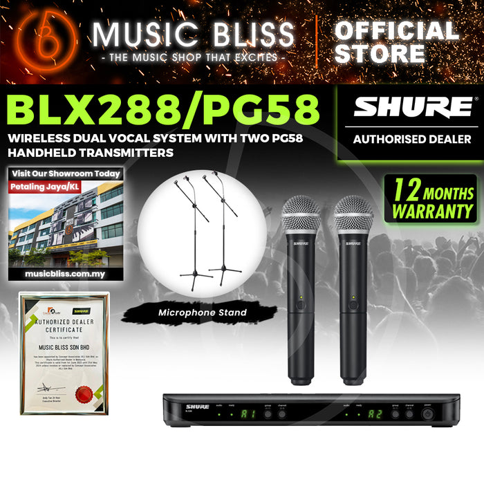 Shure BLX288/PG58 Dual Channel Wireless Handheld Microphone System, BLX88 Dual-Channel Wireless Receiver & (2) BLX2/PG58 Handheld Transmitters