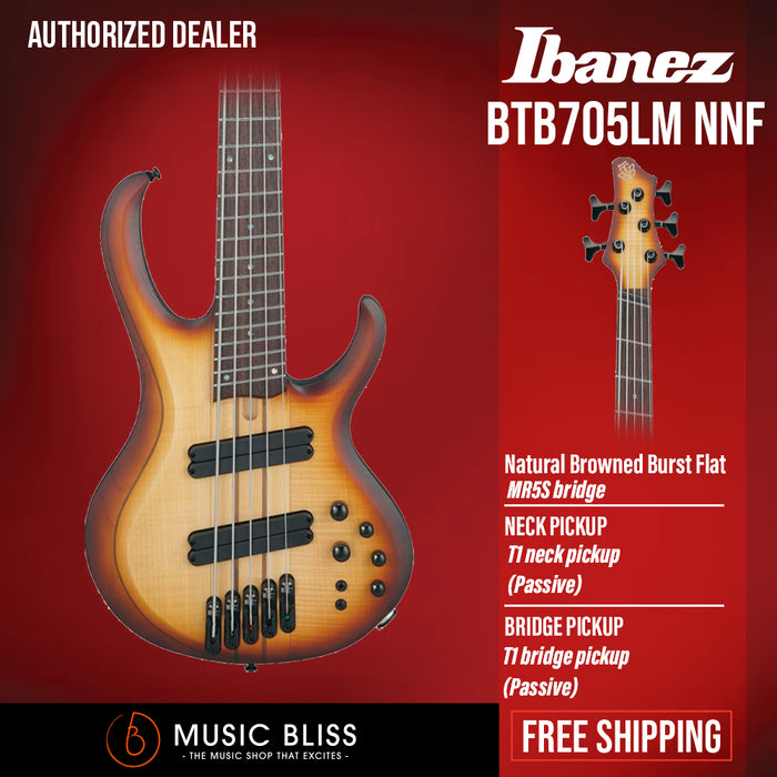 Ibanez Bass Workshop BTB705LM Bass Guitar - Natural Browned Burst Flat - Music Bliss Malaysia