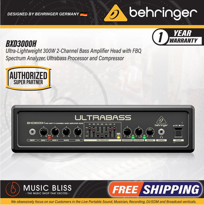 Behringer UltraBass BXD3000H 300-watt 2-channel Bass Amp Head - Music Bliss Malaysia