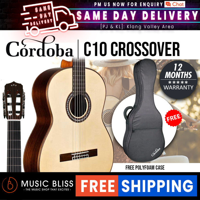 Cordoba C10 Crossover Nylon String Acoustic Guitar - Solid European Spruce Top, Solid Rosewood Back & Sides, With Cordoba Polyfoam Guitar Case (Full Solid) - Music Bliss Malaysia
