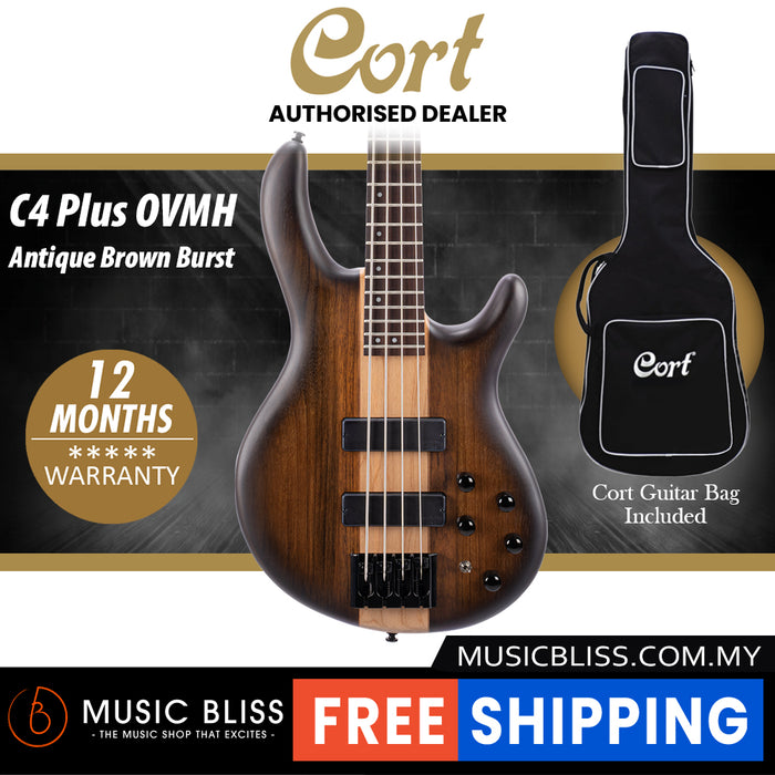 Cort C4 Plus OVMH Electric Bass Guitar with Bag - Antique Brown Burst