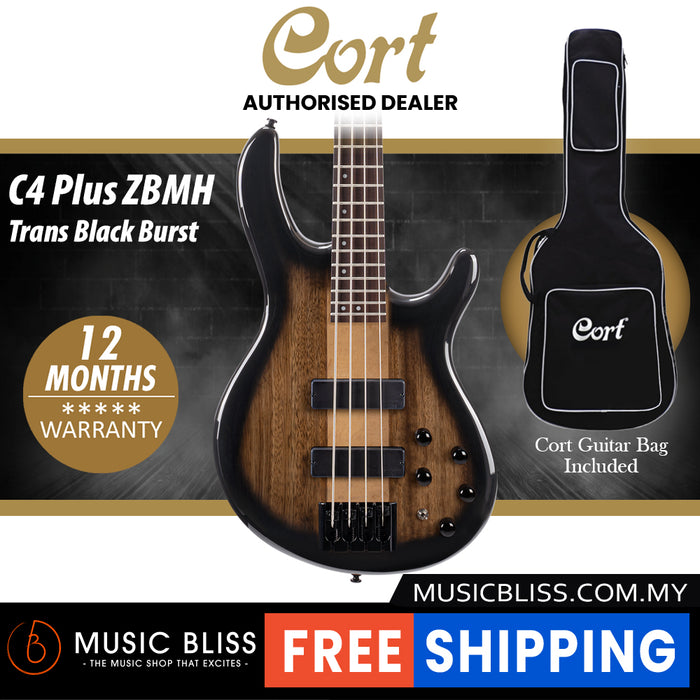 Cort C4 Plus ZBMH Electric Bass Guitar with Bag - Trans Black Burst