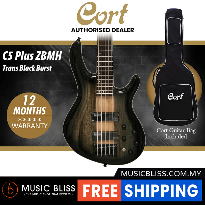 Cort C5 Plus ZBMH Electric Bass Guitar with Bag - Trans Black Burst