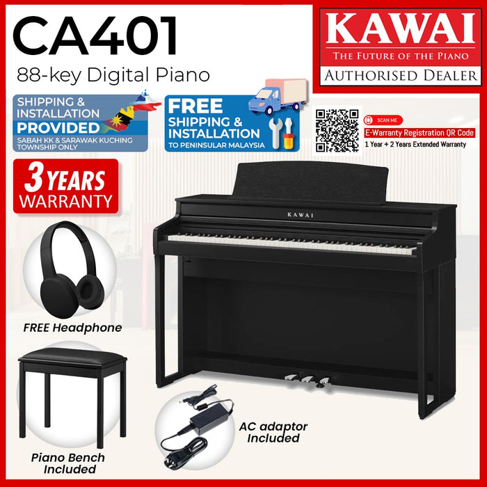 Kawai CA401 88-key Wooden-key Digital Piano - Premium Satin Black (Grade 5-Diploma)