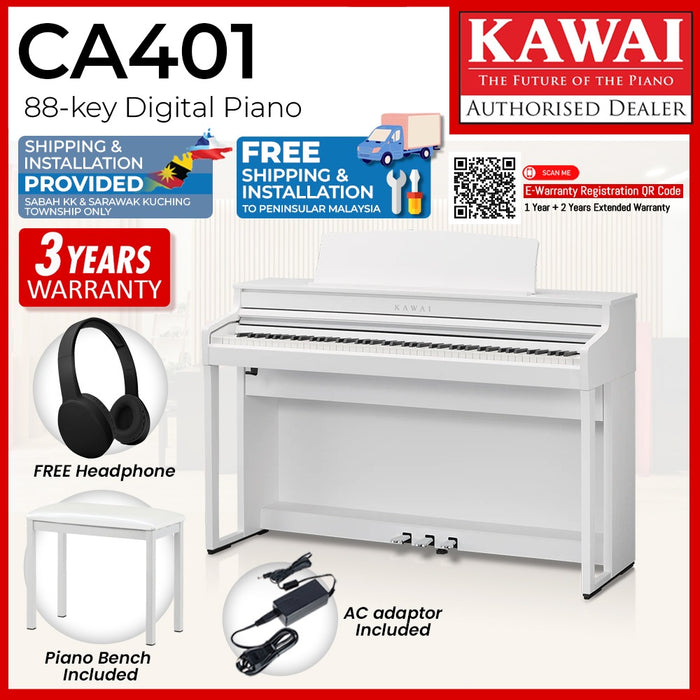 Kawai CA401 88-key Wooden-key Digital Piano - Premium Satin White (Grade 5-Diploma)