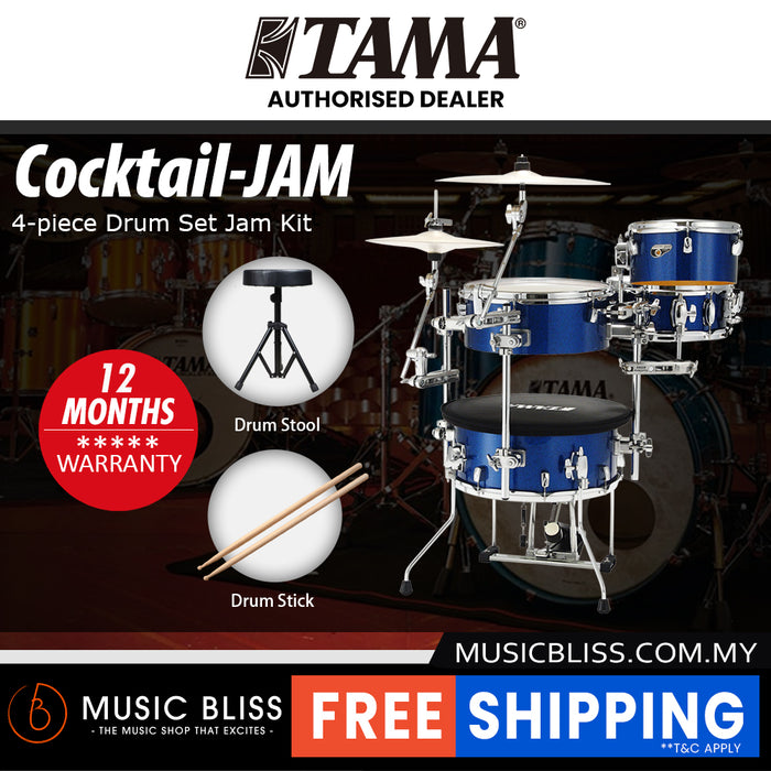 Tama CJB46C Cocktail 4-piece Drum Set Jam Kit with Drum Throne and Drumstick - Indigo Sparkle