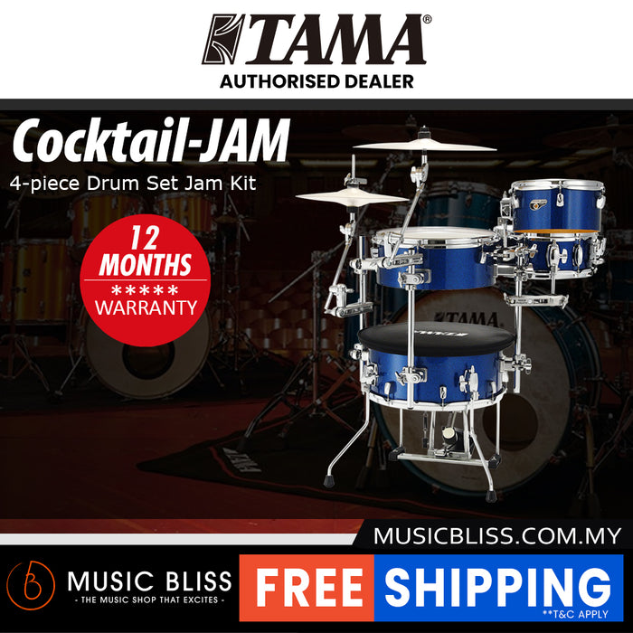 Tama CJB46C Cocktail 4-piece Drum Set Jam Kit with Drum Throne and Drumstick - Indigo Sparkle