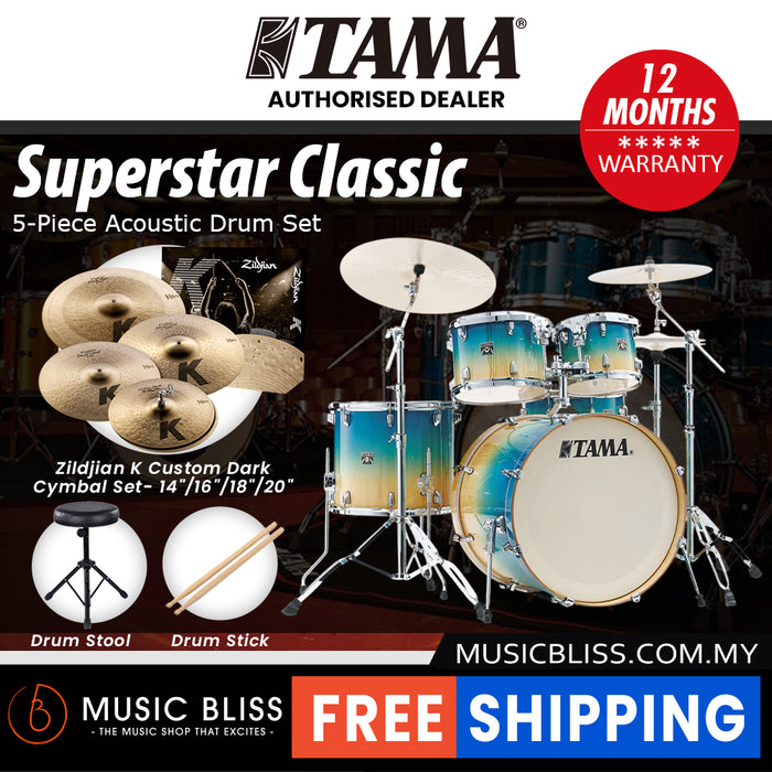 Tama Superstar Classic 5-piece Shell Pack - 22 Inch Bass Drum - Caribbean Lacebark Pine Fade
