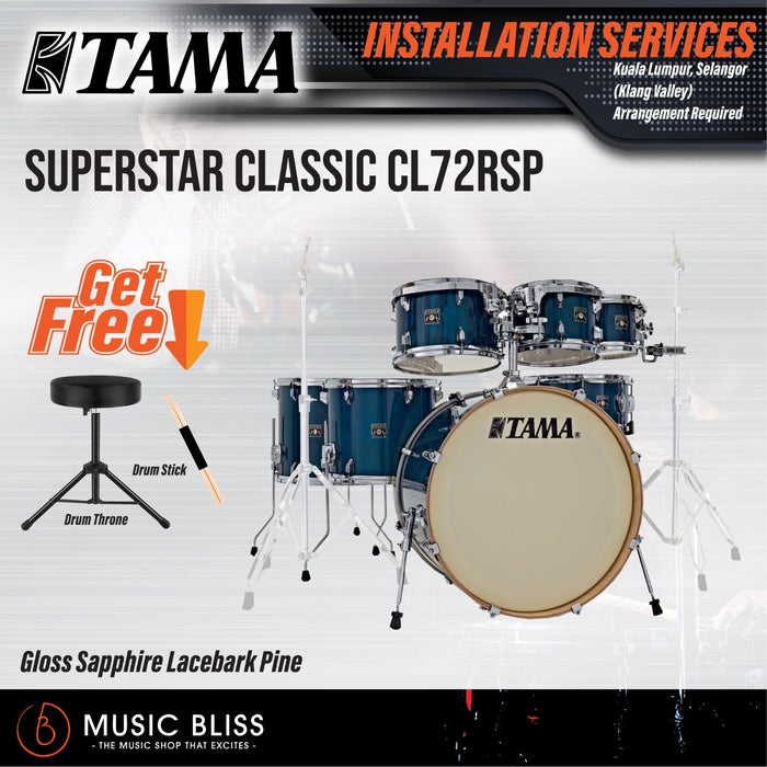 Tama Superstar Classic CL72RSP 7-Piece Drum Set with Hardware - Gloss Sapphire Lacebark Pine - Music Bliss Malaysia