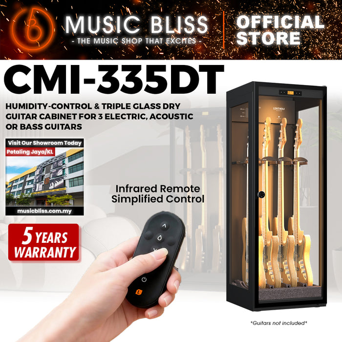 Lenthem CMI-335DT Humidity-Control & Triple Glass Dry Guitar Cabinet for 3 Electric, Acoustic or Bass Guitars - Black