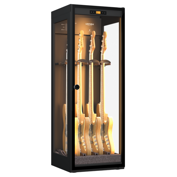 Lenthem CMI-335DT Humidity-Control & Triple Glass Dry Guitar Cabinet for 3 Electric, Acoustic or Bass Guitars - Black