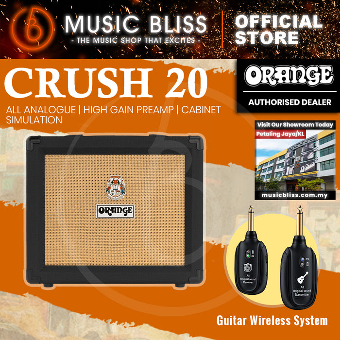 Orange Crush 20 - 20-watt 1x8" Best Beginner Electric Combo Amp with FREE Wireless Guitar System - Home Practice Amp Bundle - Black