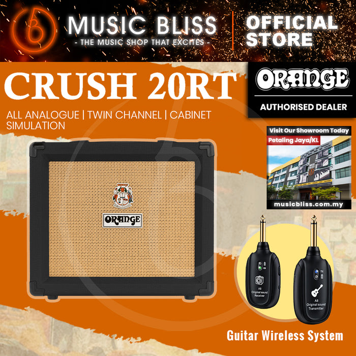 Orange Crush 20RT - 20-watt 1x8" Best Beginner Electric Combo Amp with FREE Wireless Guitar System - Home Practice Amp Bundle - Black