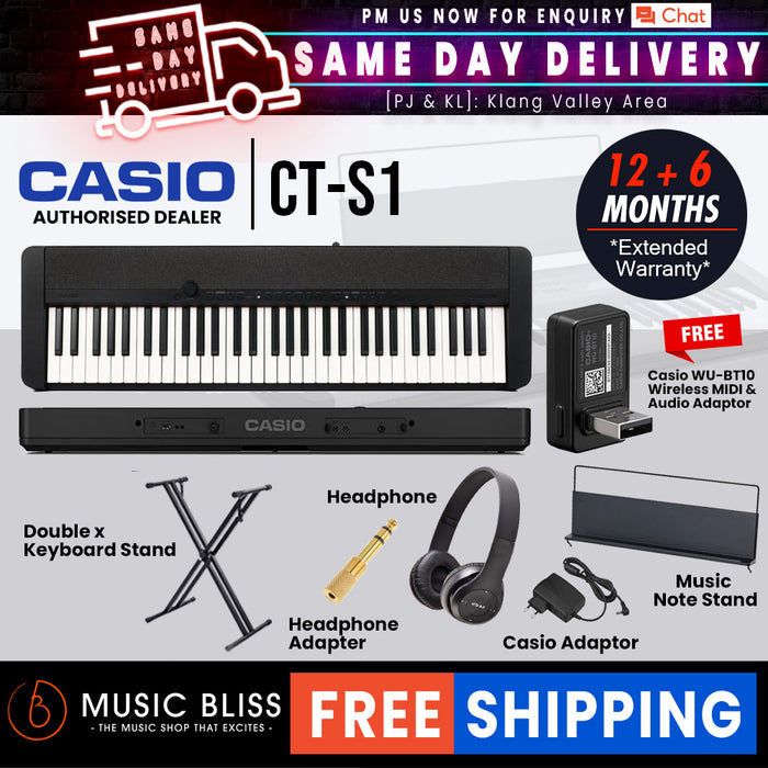 Casio CT S1 61 key Portable Keyboard with FREE WU BT10 and Keyboard Stand