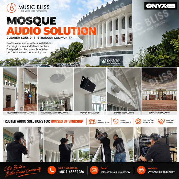 Premium Surau & Masjid Sound System with Lab Gruppen CA1202 Power Amplifier, JBL Control 25-1 Speaker, CSS-H30 Horn Speaker, Behringer X1622USB Mixer and Phenyx PTU-2U-1H1B Wireless Microphone System