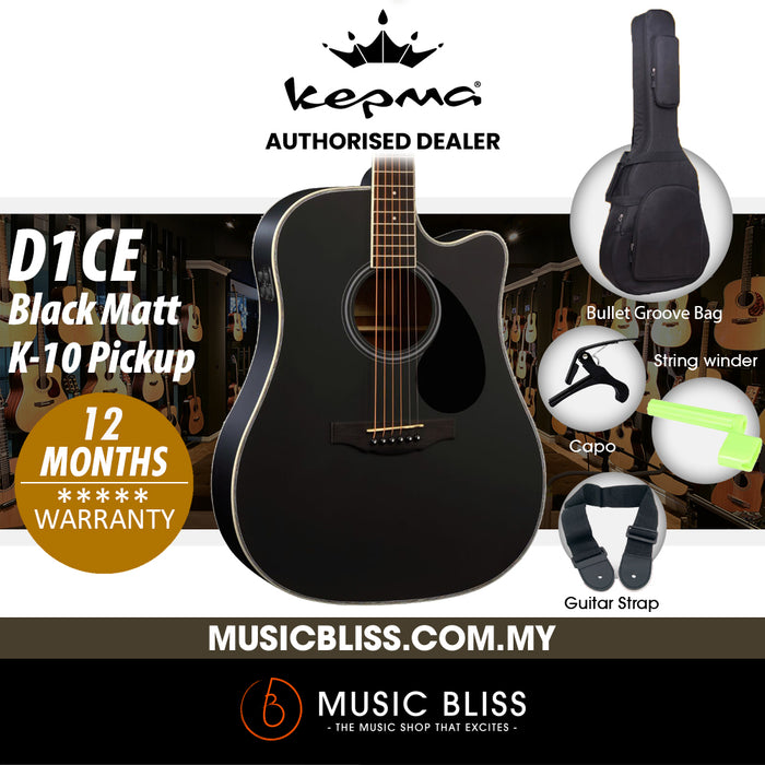 KEPMA D1CE Dreadnought Acoustic Guitar with K-10 Pickup - Black Matt - Music Bliss Malaysia
