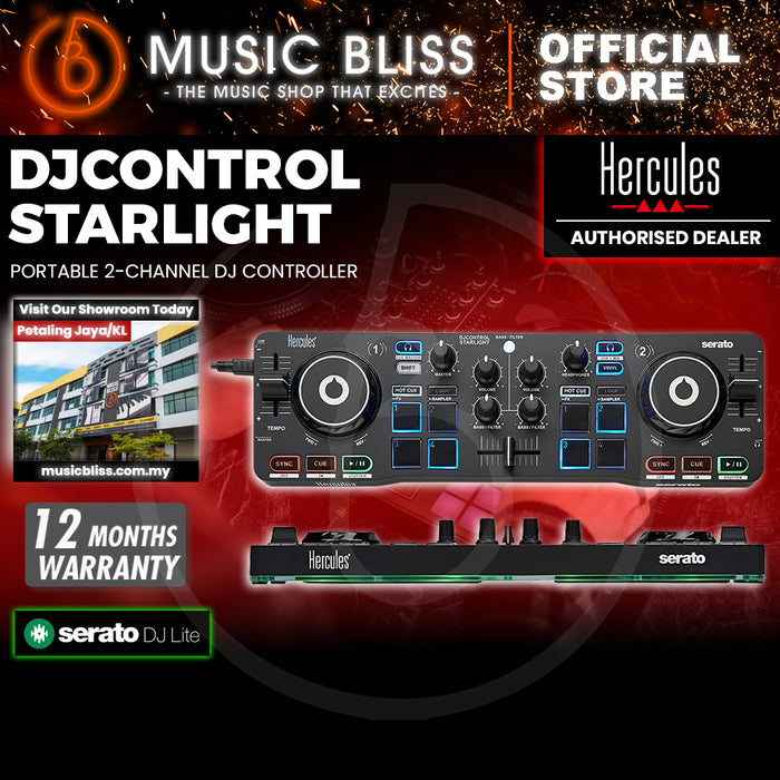 Hercules DJControl STARLIGHT with Serato DJ Lite Software | Illuminated base plate with RGB stroboscope, Virtual DJ Compatible with Excellent Jog Touch Detection, Seperated Deck & Bass/Filter Knob Installed
