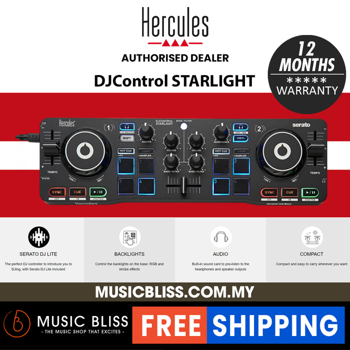 Hercules DJControl STARLIGHT with Serato DJ Lite Software | Illuminated base plate with RGB stroboscope, Virtual DJ Compatible with Excellent Jog Touch Detection, Seperated Deck & Bass/Filter Knob Installed - Music Bliss Malaysia