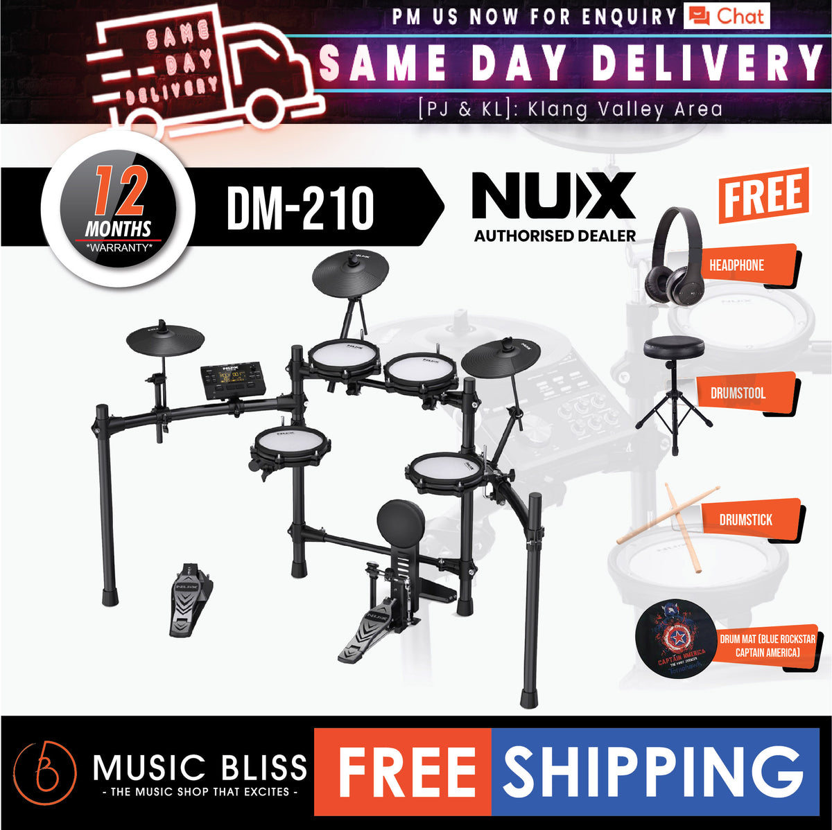 NUX DM-210 5-Piece Digital Electronic Drum with Full Mesh Head (DM210 ...