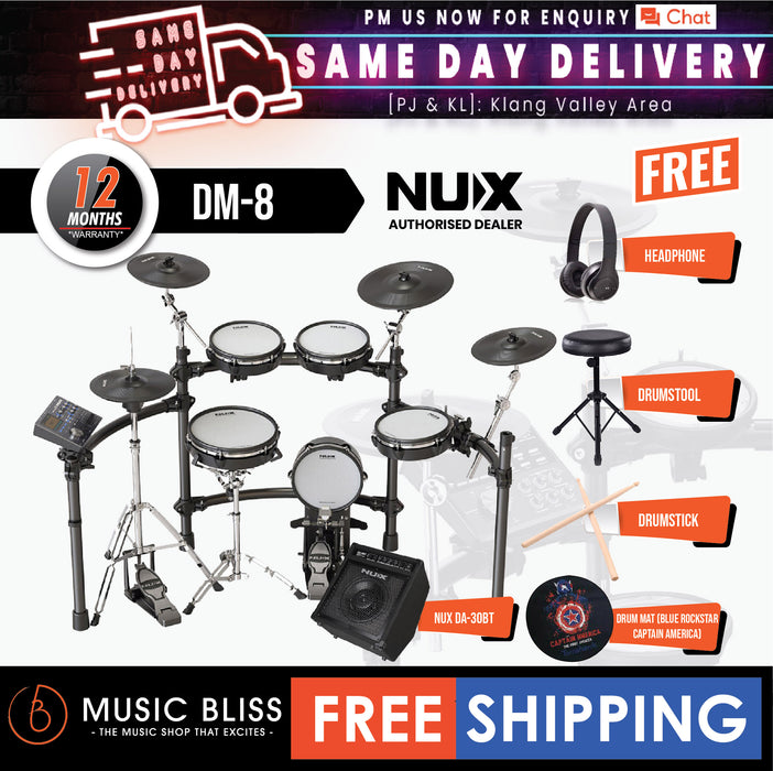 NUX DM-8 5-Piece Professional Digital Electronic Drum Set with Mesh Head and DA-30BT Monitor Amplifier Speaker - Music Bliss Malaysia