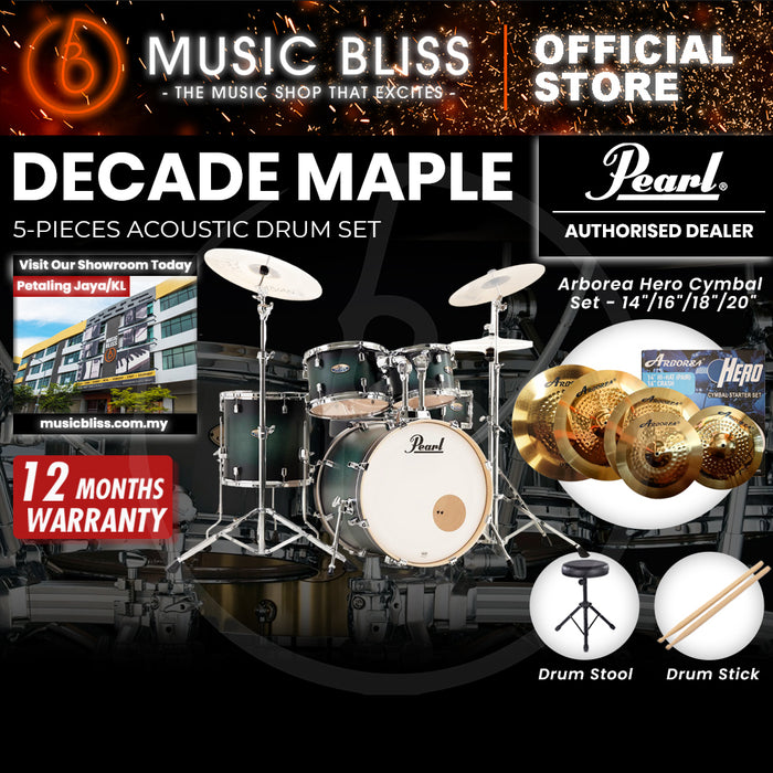 Pearl Decade Maple 5-Piece Drum Set with Hardware, Drumstick and Throne - 22 Inch Bass Drum - Deep Forest Burst